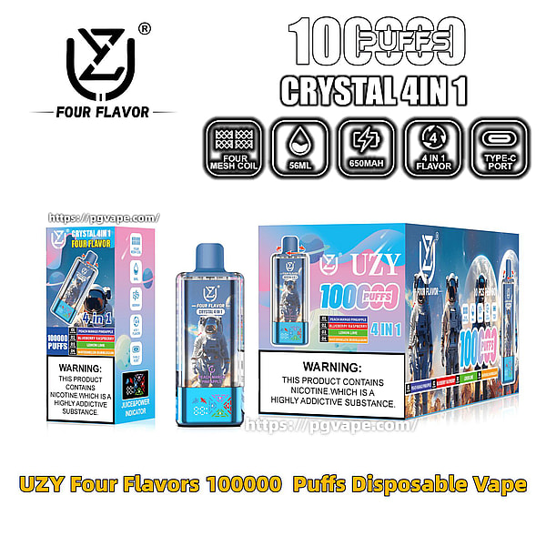 Vape jetable 4-en-1 UZY Crystal 4-en-1 sur le thème bleu et emballage comprenant un graphisme d'astronaute sur l'appareil, deux boîtes de produits, des icônes pour une bobine à quatre mailles, 56 ml, 650 mAh, des saveurs 4-en-1 et un port de type C, ainsi qu'une étiquette d'avertissement de dépendance à la nicotine.