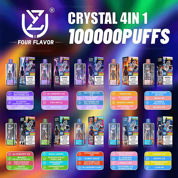 Affiche publicitaire avec le texte en gras ' CRYSTAL 4IN1 100000 PUFFS ' présentant des rangées d'appareils de vape jetables UZY colorés, des emballages en boîte et plusieurs listes de saveurs sur un fond dégradé arc-en-ciel.