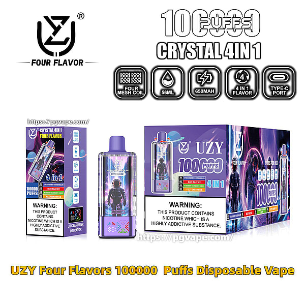 Vape jetable 4-en-1 Purple UZY Crystal et ses boîtes de vente au détail étiquetées 100 000 bouffées, montrant une illustration de l'appareil sur le thème des astronautes, une marque à quatre saveurs, des icônes de fonction (bobine à quatre mailles, 56 ml, 650 mAh, saveur 4-en-1, port de type C) et des étiquettes d'avertissement concernant la nicotine.
