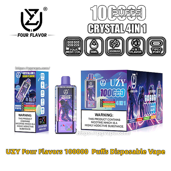 Appareil de vapotage jetable 4-en-1 UZY Crystal violet et boîtes de vente au détail illustrées avec des icônes et du texte mettant en évidence 100 000 bouffées, quatre saveurs, 56 ml, batterie 650 mAh, port Type-C, bobine maillée et étiquettes d'avertissement de nicotine.