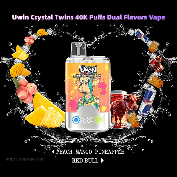 Uwin Crystal Twins 40K disposable vape shown centered with a colorful cartoon monkey on its body, set against a black background with water splashes and surrounded by peaches, mangoes, pineapple slices and Red Bull cans, with text indicating Peach Mango Pineapple and Red Bull flavors.