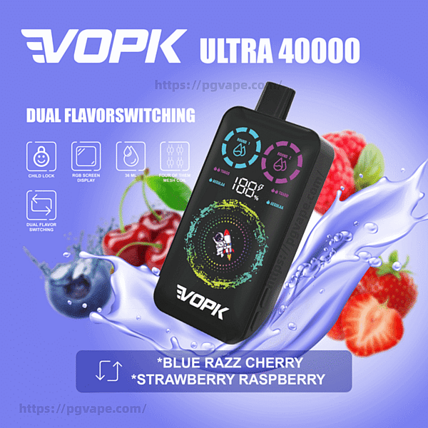 Immagine promozionale di un vaporizzatore VOPK Ultra 40000 nero con display RGB circolare colorato e indicatori a doppio sapore, su uno sfondo viola con spruzzi di liquido viola e bacche assortite, accompagnato dal testo “Dual Flavor Switching” e dai nomi dei sapori “Blue Razz Cherry” e “Strawberry Raspberry”.”