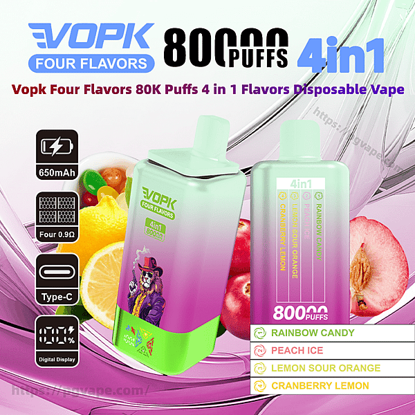 Promotional image for VOPK Four Flavors disposable vape showing two mint-to-pink gradient devices labeled 4-in-1 and 80,000 puffs, icons for 650mAh battery, Type-C charging and digital display, and a flavor list—Rainbow Candy, Peach Ice, Lemon Sour Orange and Cranberry Lemon—set against fruit and swirled pastel background.
