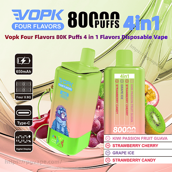 Two green-to-pink gradient VOPK 4-in-1 disposable vape devices (one with a lion illustration) advertising 80K puffs, 650mAh battery, Type-C charging and digital display, with listed flavors kiwi passion fruit guava, strawberry cherry, grape ice and strawberry candy and fruit images in the background.