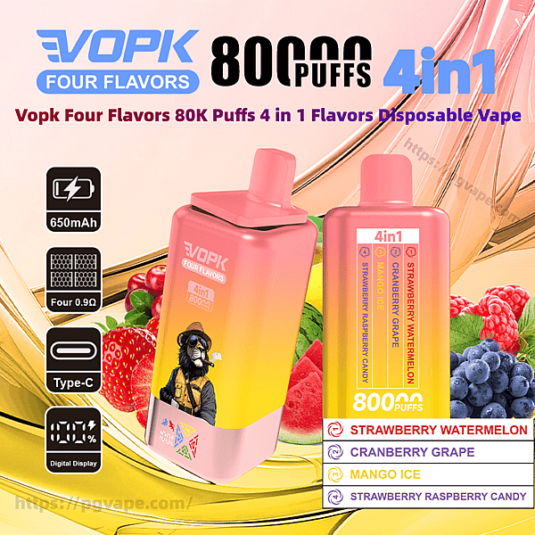 Bright pink-to-yellow gradient ad showing two VOPK Four Flavors 4-in-1 disposable vape devices surrounded by fruit, with text highlighting 80K puffs and a flavor list (Strawberry Watermelon, Cranberry Grape, Mango Ice, Strawberry Raspberry Candy) and icons for 650mAh battery, four 0.9Ω coils, Type-C charging and a digital display.