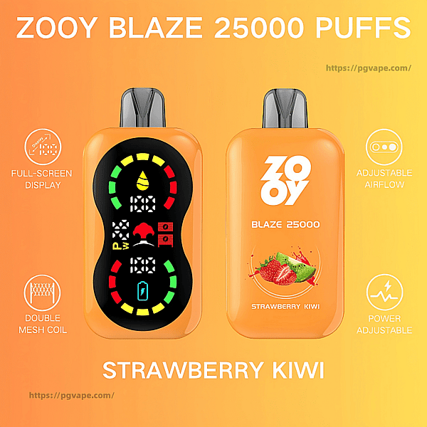 オレンジ色のグラデーションの背景にオレンジ色の Zooy Blaze 25000 使い捨て電子タバコ デバイス 2 台。左側のユニットにはカラフルな全画面ステータス表示が表示され、右側のユニットには ZOOY のロゴとストロベリー キウイのイラストが表示されます。.