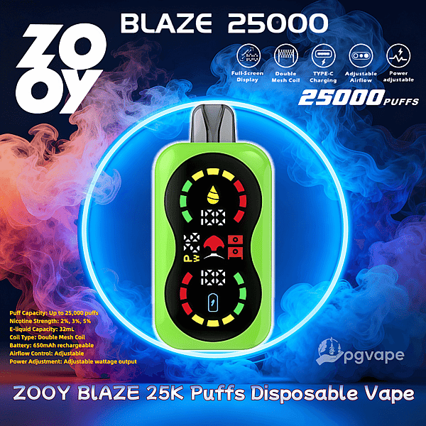 中央に黒い全画面ディスプレイを備えた明るい緑色の ZOOY Blaze 使い捨て電子タバコを示す広告。青とオレンジの蒸気リングの内側に、BLAZE 25000、25,000 パフ、製品機能アイコン、小さな仕様テキスト、および pgvape ロゴを含むテキストとアイコンが表示されています。.