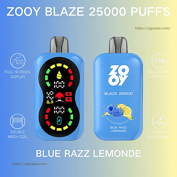 青から黄色へのグラデーションの青い ZOOY BLAZE 25000 使い捨てベイプの正面図と背面図。前面にはカラフルな全画面ステータス表示が表示され、背面にはブルー ラズベリー レモネードのイラストが入ったブランドが表示され、全画面表示、ダブル メッシュ コイル、調整可能なエアフローと出力調整を示すアイコンが表示されます。.