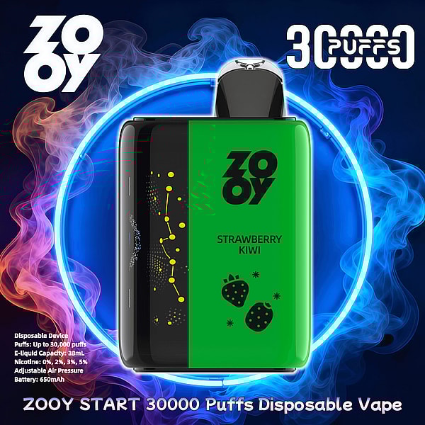 イチゴのアイコンが付いた「STRAWBERRY KIWI」とラベルが貼られた緑と黒の長方形の ZOOY 使い捨て電子タバコ デバイスが、赤と青の煙に囲まれた輝く青いネオン リングの内側に中央に配置され、様式化された 30,000 パフの謳い文句が表示されている広告。.