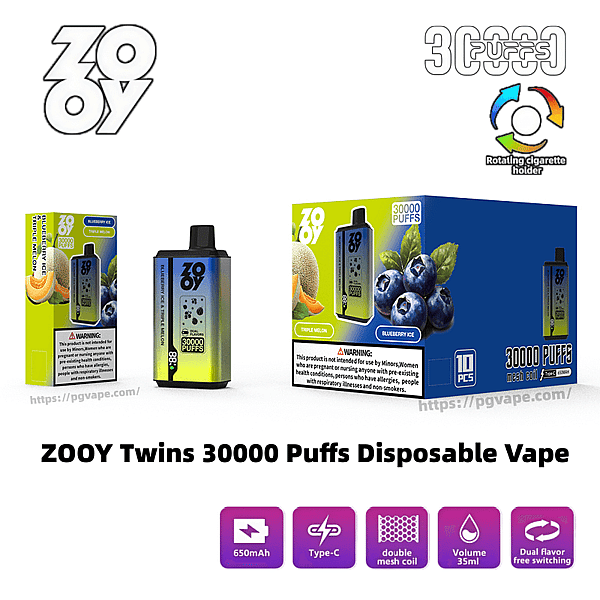 Présentation du produit pour la vape jetable ZOOY Twins 30000 Puffs montrant un petit appareil rectangulaire et deux boîtes de saveurs (Blueberry Ice et Triple Melon) avec le logo ZOOY, un graphique de support rotatif, un texte d'avertissement et des icônes pour une batterie de 650 mAh, une charge de type C, une bobine à double maille, un volume de 35 ml et une commutation à double saveur.