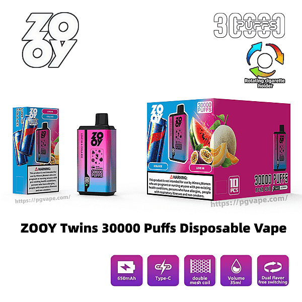 Image promotionnelle de vape jetable ZOOY Twins 30000 Puffs comprenant deux appareils de vape dégradés rose à bleu, une grande boîte de vente au détail rose avec des illustrations de pastèque, de cantaloup et de fruit de la passion, et des icônes pour une batterie de 650 mAh, une charge de type C, une bobine à double maille, 35 ml d'e-liquide et une commutation à double saveur.