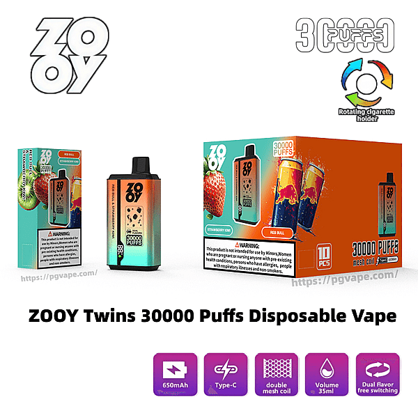 Présentoir de vape jetable ZOOY Twins 30 000 Puffs montrant deux unités de vape colorées et des boîtes de vente au détail assorties avec des illustrations d'arômes de fraise et de boisson énergisante, des étiquettes d'avertissement, une icône de support rotatif et des icônes pour 650 mAh, une charge de type C, une bobine à double maille, un volume de 35 ml et une commutation à double saveur.