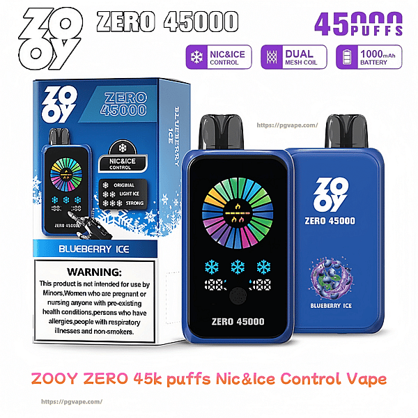Blue Zooy Zero 45000 'Blueberry Ice' disposable vape and matching box, showing a colorful circular screen with snowflake icons and text labeling 45,000 puffs, Nic&Ice control, dual mesh coil, 1000mAh battery and a health warning.