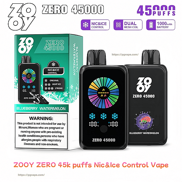Boxed product shot of a black ZOOY ZERO 45000 disposable vape and its teal-accented packaging labeled Blueberry Watermelon, showing two black devices (front with a colorful circular LED display and ice icons and back with the ZOOY logo and fruit graphic), with badges for Nic&Ice control, dual mesh coil, 1000 mAh battery and a visible warning label.
