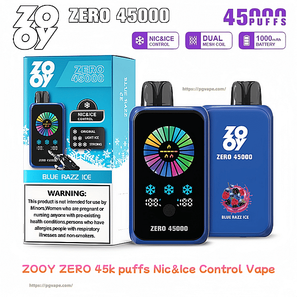 Blue ZOOY Zero 45000 disposable vape device shown front and back beside its matching 'Blue Razz Ice' box, featuring a colorful circular display, snowflake and Nic&Ice control icons, '45,000 puffs' and a warning label on the packaging.