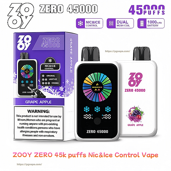 Purple boxed packaging and two white ZOOY Zero 45000 vape devices labeled Grape Apple, showing a colorful circular display, blue snowflake icons, 'ZERO 45000' text and icons for Nic&Ice control, dual mesh coil and 1000 mAh battery, with a warning panel on the box.