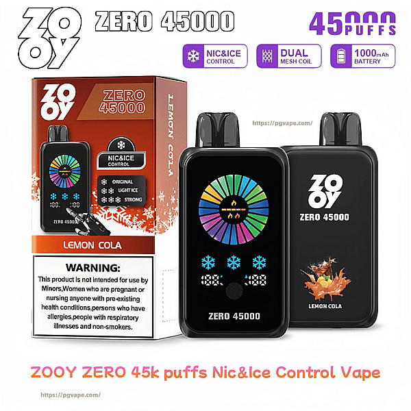 Product shot of Zooy Zero 45000 disposable vape showing a boxed Lemon Cola flavor and two black devices—one front-facing with a colorful circular LED display and ice-level icons, the other showing the ZOOY ZERO 45000 logo and lemon-cola splash art; packaging and header text advertise 45,000 puffs, Nic&Ice control, dual mesh coil and 1000 mAh battery, and a prominent warning label.