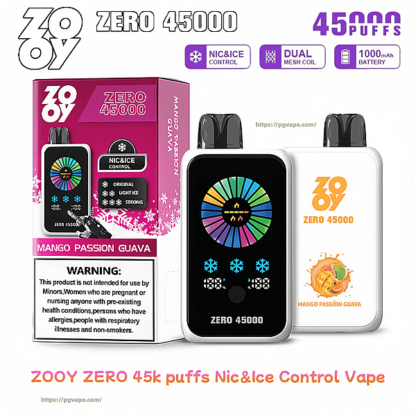 Product image of a Zooy Zero 45000 disposable vape and its pink Mango Passion Guava packaging, showing the white device with a black touchscreen displaying a colorful circular indicator, icons for Nic&Ice control, dual mesh coil and 1000mAh battery, the text “45,000 puffs,” and a visible warning label on the box.