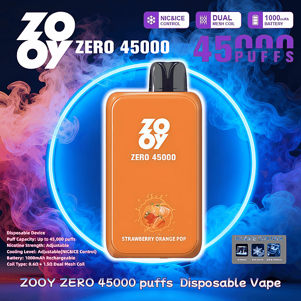 Promotional image of an orange ZOOY Zero 45000 disposable vape labeled Strawberry Orange Pop surrounded by blue and purple smoke, highlighting 45,000 puffs, NIC&ICE control, dual mesh coil and 1000mAh battery