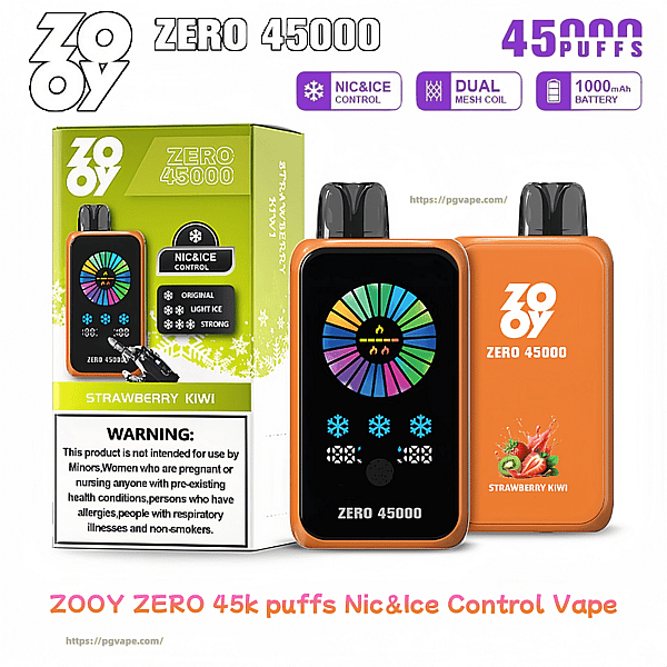 Product shot of an orange ZOOY ZERO 45000 disposable vape next to green Strawberry Kiwi packaging, featuring a colorful circular LCD display, icons for Nic & Ice control, dual mesh coil and 1000mAh battery, and prominent "45,000 puffs" branding.