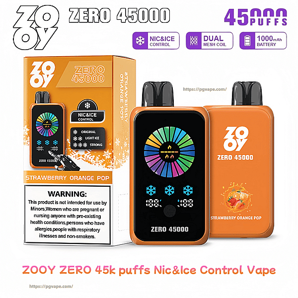 Two orange ZOOY Zero 45000 disposable vape devices and their matching box labeled Strawberry Orange Pop, featuring a colorful circular display on the device, Nic&Ice control and other feature icons, a 45,000 puffs claim, and a visible warning label.
