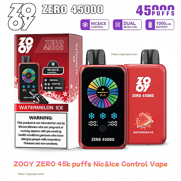 Red ZOOY Zero 45000 vape device with black mouthpiece and colorful circular display shown next to its matching 'Watermelon Ice' box, highlighting '45,000 puffs', Nic&Ice control icons, a watermelon graphic, and a warning label.