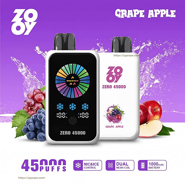 Advertisement showing two ZOOY Zero 45000 vape devices — a black-front unit with a colorful circular display and a white-back unit branded 'ZOOY ZERO 45000' with a grape-and-apple illustration — on a purple background with grapes, apple halves and water splashes and text highlighting 45,000 puffs, nic & ice control, dual mesh coil and 1000 mAh battery.