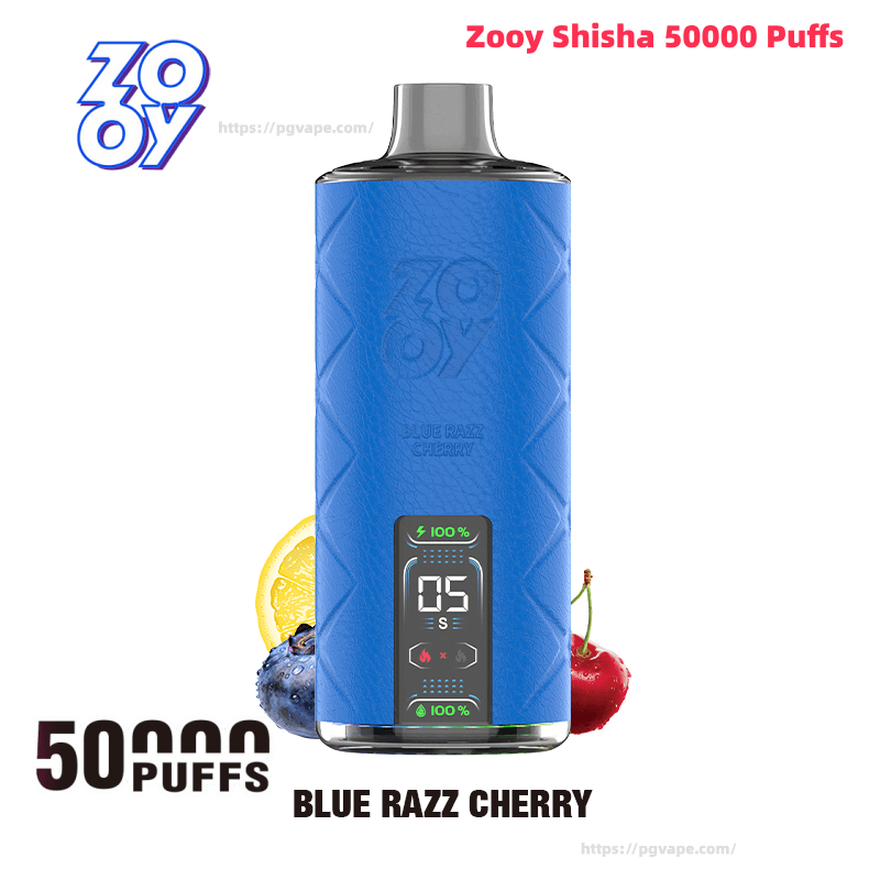 Blue Zooy Shisha 50,000-puff disposable vape with a textured blue body and small digital display, labeled Blue Razz Cherry, pictured with blue raspberry and cherry accents and brand logo on a white background.