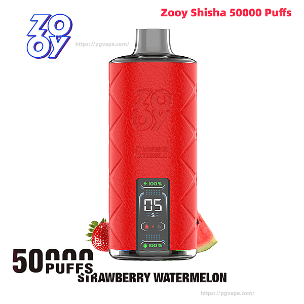 Red Zooy Shisha disposable vape with a gray mouthpiece and textured diagonal pattern, front digital display reading “05” with 100% battery, shown with a strawberry and watermelon slice and 50,000 puffs/Strawberry Watermelon labeling