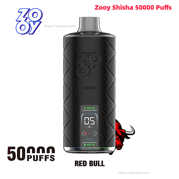 Black textured Zooy Shisha disposable vape device with a small digital display reading '05', Red Bull branding and a red bull logo beside '50,000 puffs' text on a white background.