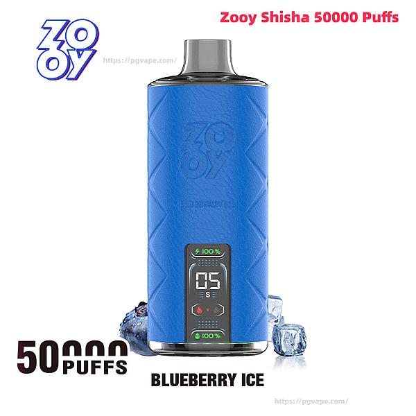 Blue Zooy Shisha disposable vape device with a small digital display showing '05' and battery icons, pictured with blueberries and ice cubes and text indicating 50,000 puffs and the flavor Blueberry Ice.