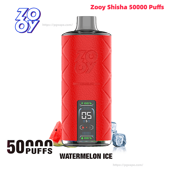 Red Zooy Shisha disposable vape with a textured exterior and small digital display, labeled Watermelon Ice, shown with a watermelon slice, ice cubes, and 50,000 puffs branding