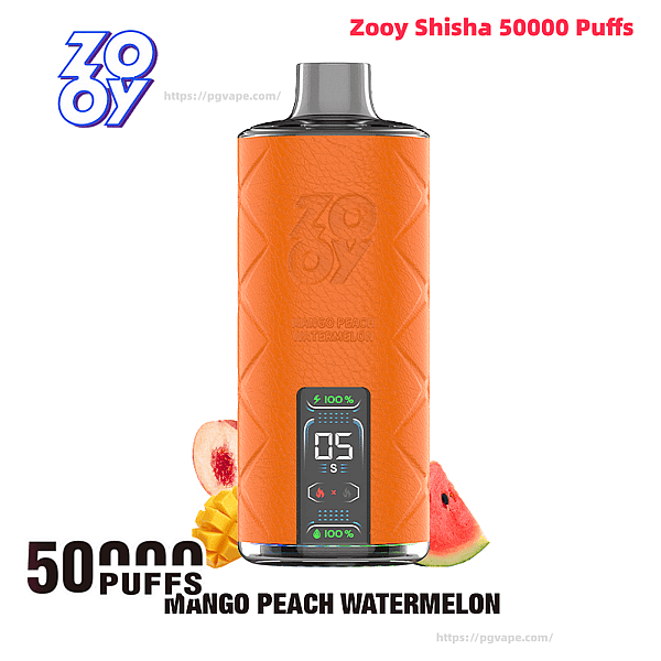 Orange Zooy Shisha disposable vape device with textured body and grey mouthpiece, front digital display reading '05', shown on a white background with mango, peach and watermelon slices and '50,000 puffs' text.