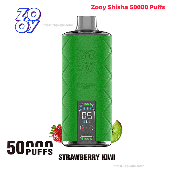 Green Zooy Shisha disposable vape with a leather-textured body and transparent mouthpiece, front digital display showing settings, labeled Strawberry Kiwi and shown with strawberry and kiwi fruit images and 50,000 puffs branding