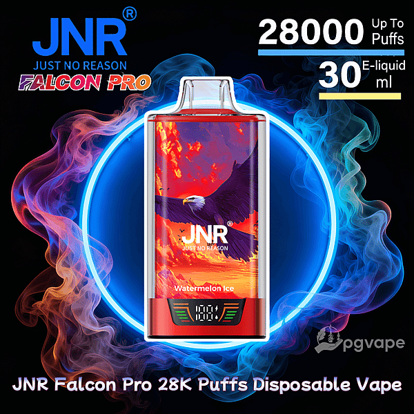 Vibrant product ad centered on a JNR Falcon Pro disposable vape with eagle artwork labeled Watermelon Ice, set against a neon blue ring and swirling red and blue smoke, highlighting claims of 28,000 up to puffs, 30 ml e-liquid, and a small digital puff counter.