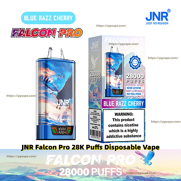 JNR Falcon Pro Blue Razz Cherry disposable vape and retail box showing colorful blue-and-pink falcon artwork, '28,000 puffs' text, brand logos, and a prominent nicotine warning label.