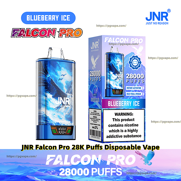 Blue JNR Falcon Pro disposable vape and matching box displaying 'Blueberry Ice' flavor with winged bird artwork, '28,000 puffs' and brand logos, plus a visible nicotine warning panel.