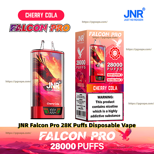 Red JNR Falcon Pro disposable vape and matching box labeled Cherry Cola featuring a fiery falcon graphic, '28,000 puffs' callout, brand logo, and a nicotine warning label.