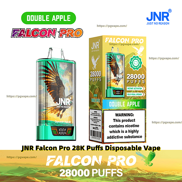 Green JNR Falcon Pro disposable vape and matching box featuring a soaring falcon graphic, 'Double Apple' flavor label, prominent '28,000 puffs' text and a nicotine warning panel.