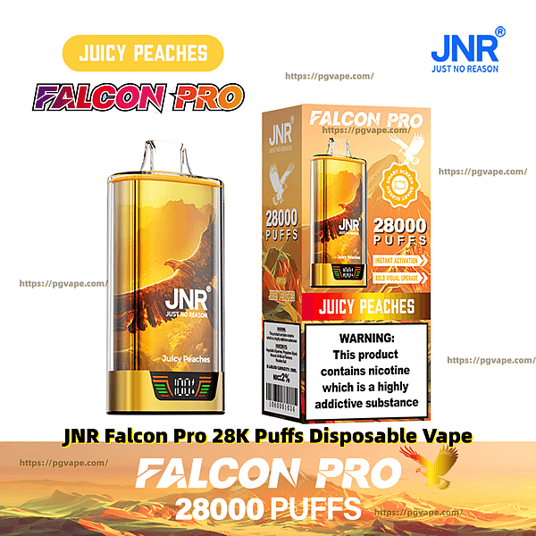 Gold JNR Falcon Pro disposable vape and matching box in peach tones labeled “Juicy Peaches” and “28,000 puffs,” featuring the brand logo, an eagle graphic and a nicotine warning panel.