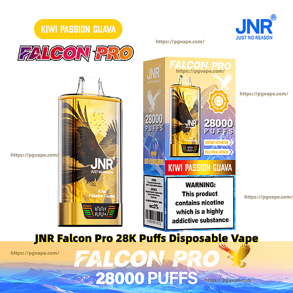 Gold-colored JNR Falcon Pro disposable vape device next to its packaging labeled 'Kiwi Passion Guava' and '28,000 puffs,' featuring an eagle graphic, JNR logo, and a nicotine warning panel.