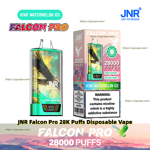 JNR Falcon Pro Kiwi Watermelon Ice disposable vape and its retail box showing colorful falcon artwork, teal-green accents, 'Falcon Pro' branding with '28,000 puffs' claim and a nicotine warning label.