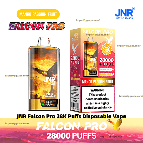 Gold-and-orange JNR Falcon Pro disposable vape and its box labeled Mango Passion Fruit, showing the device, packaging graphics, JNR logo, a prominent 28,000 puffs claim, and a nicotine warning label.