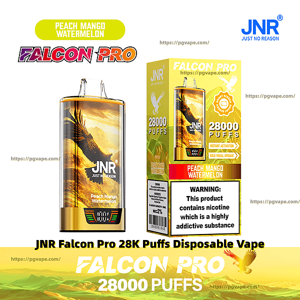 Side-by-side product shot of a gold-toned JNR Falcon Pro disposable vape and its box featuring falcon artwork, labeled Peach Mango Watermelon, 28,000 puffs and a nicotine warning.