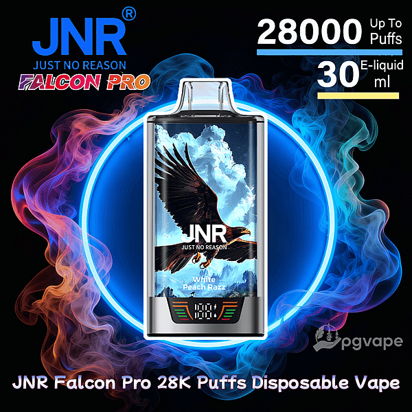 Front-facing JNR Falcon Pro disposable vape device featuring an eagle illustration and a small digital display, centered inside a glowing blue ring with swirling red and blue smoke and product text indicating 28,000 up to puffs and 30 ml e-liquid.