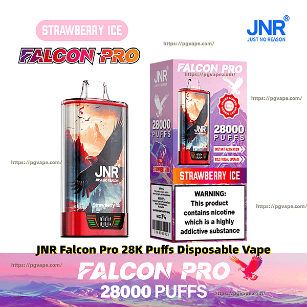 Red JNR Falcon Pro disposable vape and matching box featuring a soaring falcon artwork, labeled Strawberry Ice and 28,000 puffs, with a visible nicotine addiction warning.
