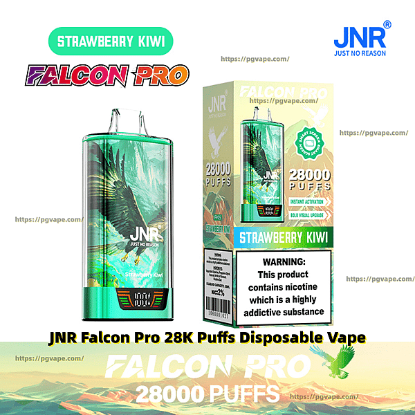 Green metallic JNR Falcon Pro disposable vape and matching packaging labeled Strawberry Kiwi, prominently showing 28,000 puffs, the JNR logo, and a nicotine warning panel.