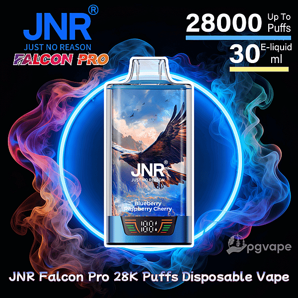 Advertisement showing a JNR Falcon Pro disposable vape with eagle artwork labeled Blueberry Raspberry Cherry, highlighting up to 28,000 puffs and 30 ml e-liquid against a colorful neon smoke ring background.