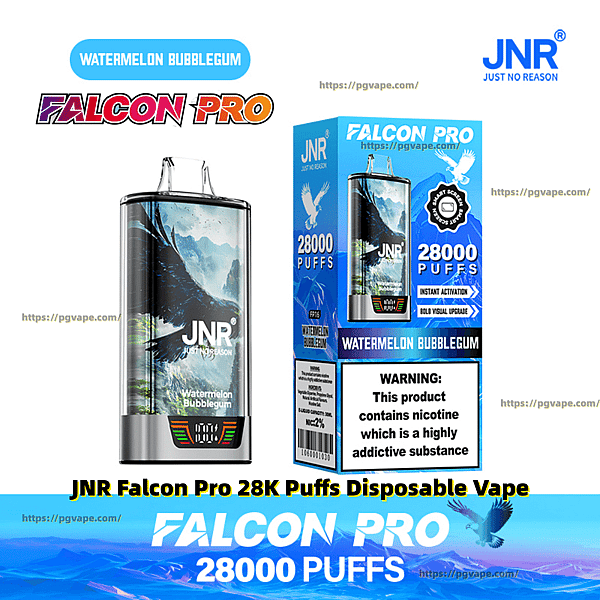 JNR Falcon Pro disposable vape and matching box in Watermelon Bubblegum flavor, showing the device with blue mountain artwork, JNR logo, prominent "28000 puffs" labeling, flavor name, and a nicotine warning on the packaging.