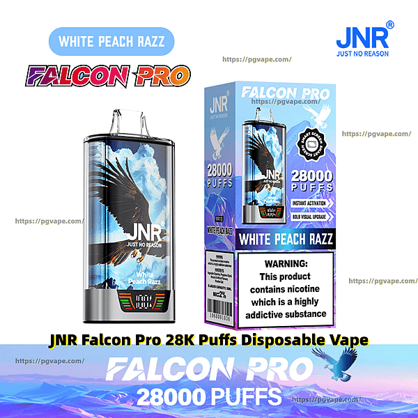 JNR Falcon Pro White Peach Razz disposable vape and matching box featuring eagle-wing artwork, JNR logo, a prominent “28,000 puffs” claim and a nicotine warning label.
